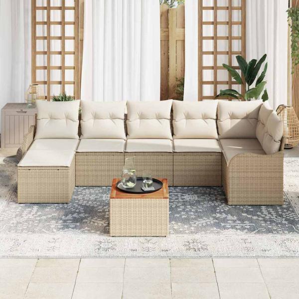 8-teiliges Garten Sofa Set mit Kissen Beige Poly Rattan Akazie, 2-Sitzer Garten Sofa mit Kissen Beige Poly Rattan