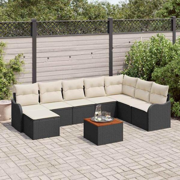 ARDEBO.de - 9-teiliges Garten Sofa Set mit Kissen Schwarz Poly Rattan Akazie, 2-Sitzer Garten Sofa mit Kissen Schwarz Poly Rattan