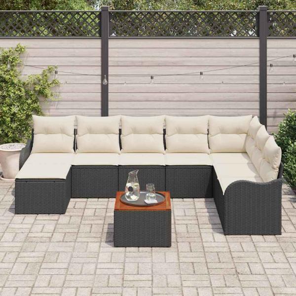 9-teiliges Garten Sofa Set mit Kissen Schwarz Poly Rattan Akazie, 2-Sitzer Garten Sofa mit Kissen Schwarz Poly Rattan