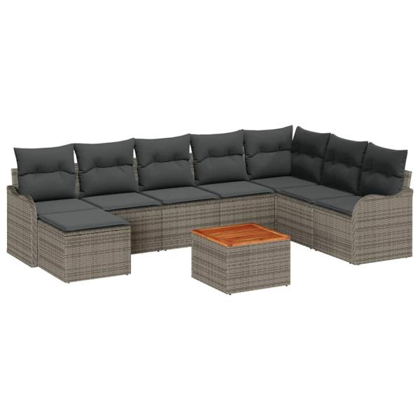 9-teiliges Garten Sofa Set mit Kissen Grau Poly Rattan Akazie, 2-Sitzer Garten Sofa mit Kissen Grau Poly Rattan
