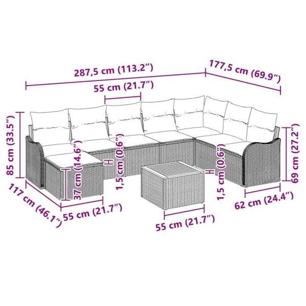 9-teiliges Garten Sofa Set mit Kissen Grau Poly Rattan Akazie, 2-Sitzer Garten Sofa mit Kissen Grau Poly Rattan
