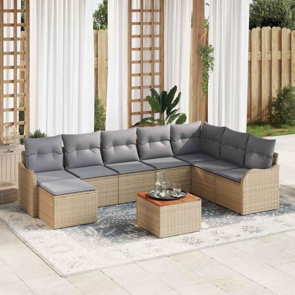 ARDEBO.de - 9-teiliges Garten-Sofaset mit Kissen Beige Poly Rattan Akazie, 2-Sitzer-Garten-Sofa mit Kissen Beige Poly Rattan