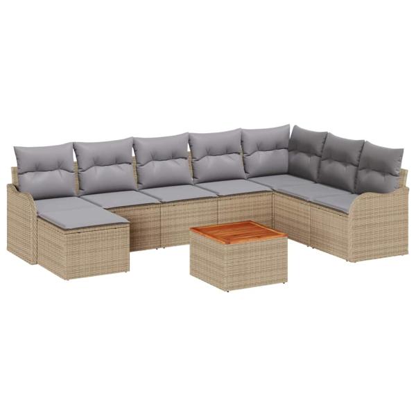 9-teiliges Garten-Sofaset mit Kissen Beige Poly Rattan Akazie, 2-Sitzer-Garten-Sofa mit Kissen Beige Poly Rattan