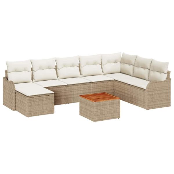 ARDEBO.de - 9-teiliges Garten Sofaset mit Kissen Beige Poly Rattan Akazie, 2-Sitzer Garten Sofaset mit Kissen Beige Poly Rattan