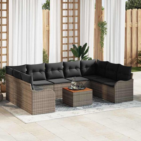 ARDEBO.de - 10-teiliges Garten Sofa Set mit Kissen Grau Poly-Rattan Akazie, 2-Sitzer Garten Sofa mit Kissen Grau Poly-Rattan