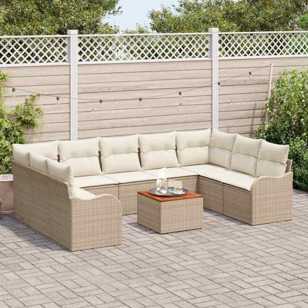 10-teiliges Garten Sofa Set mit Kissen Beige Poly Rattan Akazie, 2-Sitzer Garten Sofa mit Kissen Beige Poly Rattan