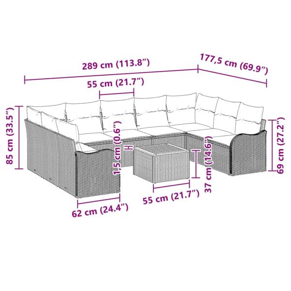 10-teiliges Garten Sofa Set mit Kissen Beige Poly Rattan Akazie, 2-Sitzer Garten Sofa mit Kissen Beige Poly Rattan