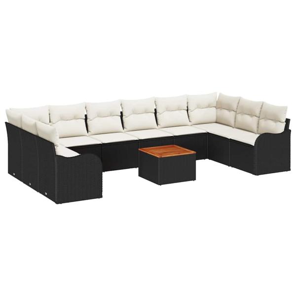 11-teilige Garten Sofa Set mit Kissen Schwarz Poly Rattan Akazie, 2-Sitzer Garten Sofa mit Kissen Schwarz Poly Rattan