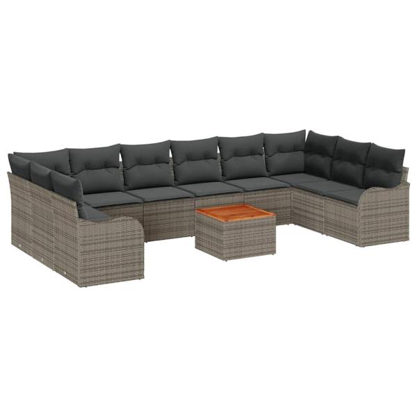 11-teiliges Garten Sofa Set mit Kissen Grau Poly Rattan Akazie, 2-Sitzer Garten Sofa mit Kissen Grau Poly Rattan