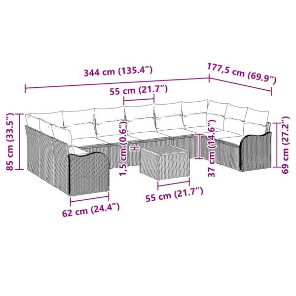 11-teiliges Garten Sofa Set mit Kissen Grau Poly Rattan Akazie, 2-Sitzer Garten Sofa mit Kissen Grau Poly Rattan