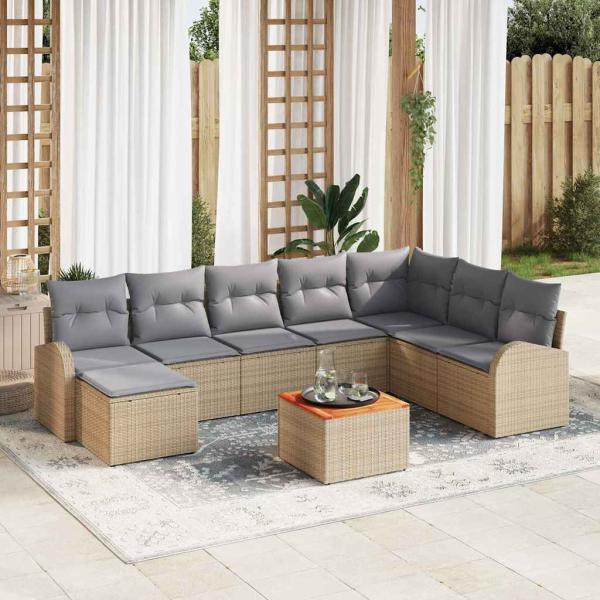 ARDEBO.de - 9-teiliges Garten Sofa Set mit Kissen Beige Poly Rattan Akazie