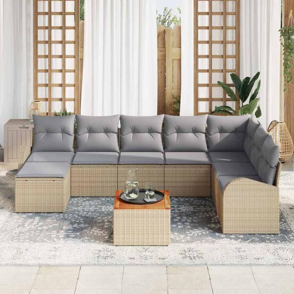 9-teiliges Garten Sofa Set mit Kissen Beige Poly Rattan Akazie