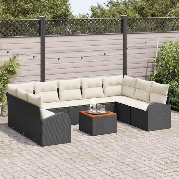 ARDEBO.de - 10-teiliges Garten-Sofaset mit Kissen Schwarz Poly-Rattan Akazie
