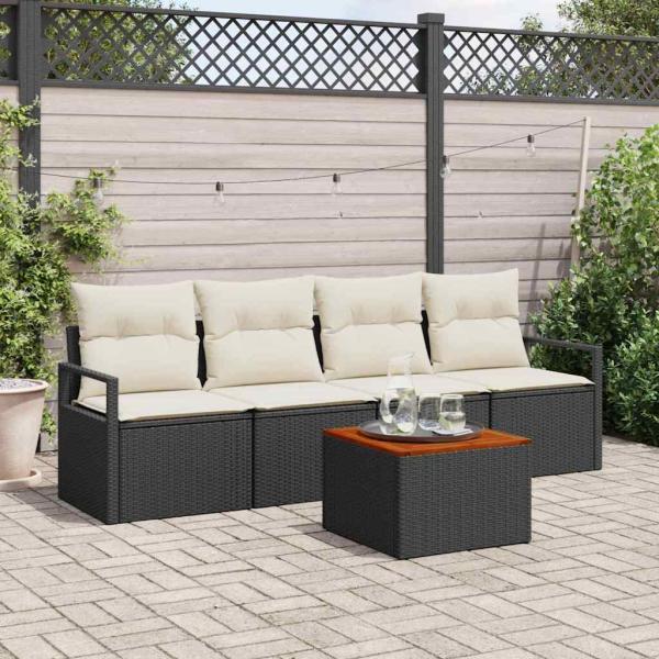 ARDEBO.de - 5-teilige Garten-Sofa Set mit Kissen Schwarz Poly Rattan Akazie, 2-Sitzer Garten-Sofa mit Kissen Schwarz Poly Rattan