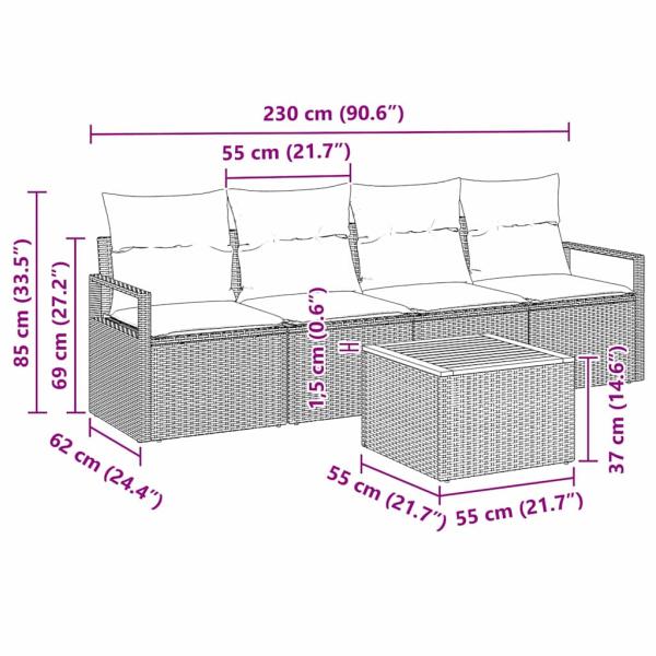 5-teiliges Garten-Sofa-Set mit Kissen Grau Poly Rattan Akazie, 2-Sitzer Garten-Sofa mit Kissen Grau Poly Rattan
