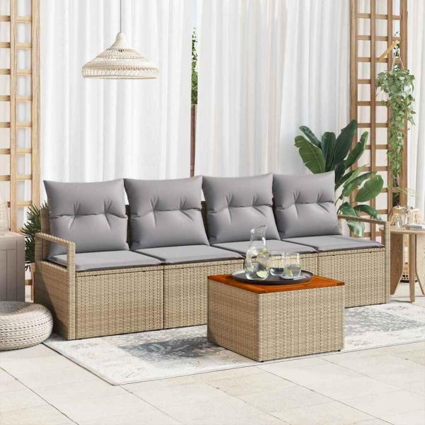 ARDEBO.de - 5-teiliges Garten-Sofa-Set mit Kissen Beige Poly Rattan Akazie, 2-Sitzer Garten-Sofa mit Kissen Beige Poly Rattan