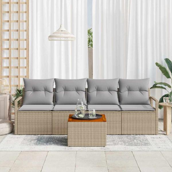 5-teiliges Garten-Sofa-Set mit Kissen Beige Poly Rattan Akazie, 2-Sitzer Garten-Sofa mit Kissen Beige Poly Rattan