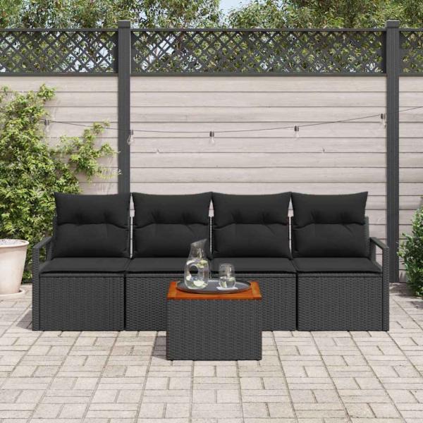 5-teiliges Garten Sofa Set mit Kissen Schwarz Poly Rattan Akazie, 2-Sitzer Garten Sofa mit Kissen Schwarz Poly Rattan