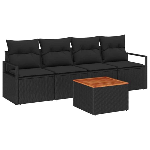 5-teiliges Garten Sofa Set mit Kissen Schwarz Poly Rattan Akazie, 2-Sitzer Garten Sofa mit Kissen Schwarz Poly Rattan