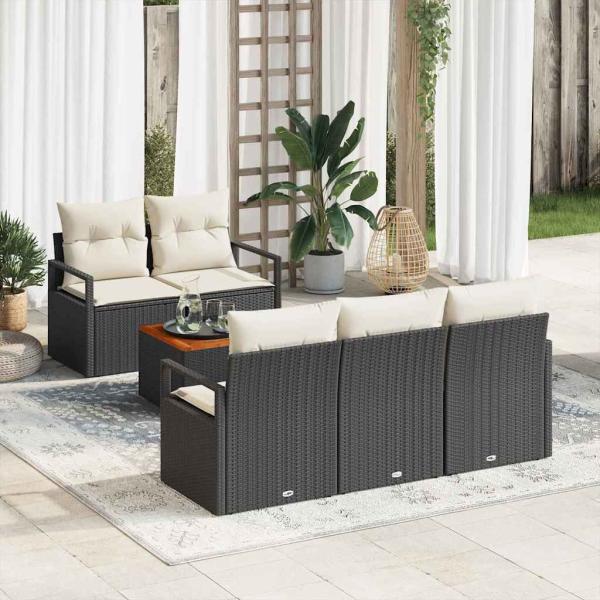 ARDEBO.de - 6-teiliges Garten Sofa Set mit Kissen Schwarz Poly Rattan Akazie, 2-Sitzer Garten Sofa mit Kissen Schwarz Poly Rattan