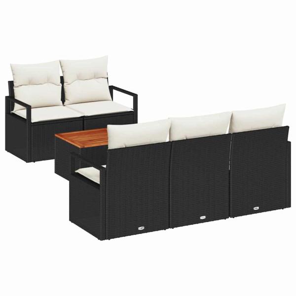 6-teiliges Garten Sofa Set mit Kissen Schwarz Poly Rattan Akazie, 2-Sitzer Garten Sofa mit Kissen Schwarz Poly Rattan
