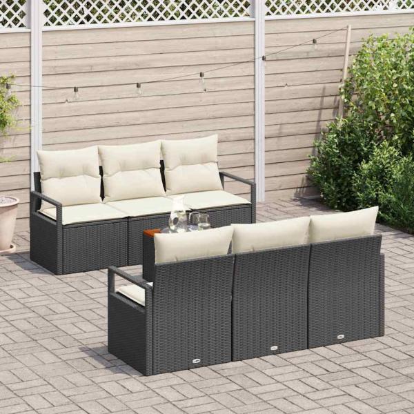 7-teiliges Garten Sofa Set mit Kissen Schwarz Poly Rattan Akazie, 2-Sitzer Garten Sofa mit Kissen Schwarz Poly Rattan