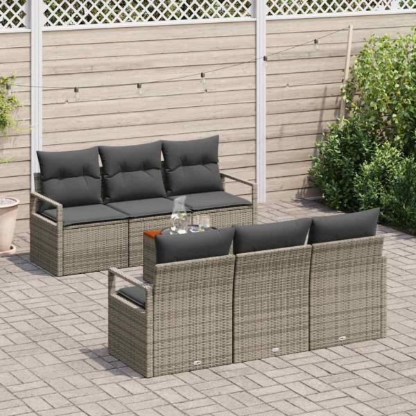 7-teilige Gartensofagarnitur mit Kissen Grau Poly Rattan Akazie, 2-Sitzer Gartensofa mit Kissen Grau Poly Rattan