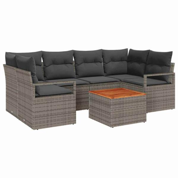 7-teiliges Garten-Sofa-Set mit Kissen Grau Poly Rattan Akazie, 2-Sitzer Garten-Sofa mit Kissen Grau Poly Rattan