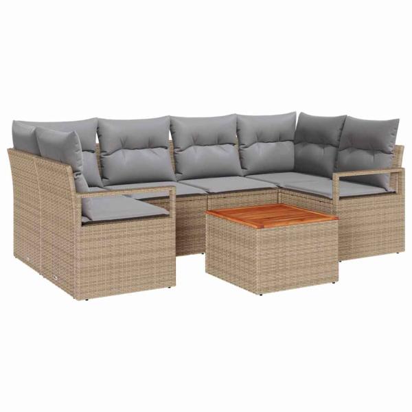 7-teiliges Garten-Sofa-Set mit Kissen Beige Poly Rattan Akazie, 2-Sitzer Garten-Sofa mit Kissen Beige Poly Rattan