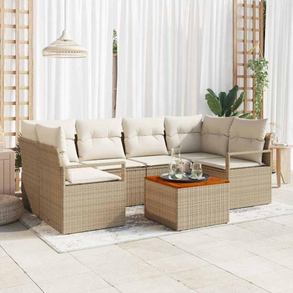 ARDEBO.de - 7-teiliges Garten-Sofa-Set mit Kissen Beige Poly Rattan Akazie, 2-Sitzer Garten-Sofa mit Kissen Beige Poly Rattan