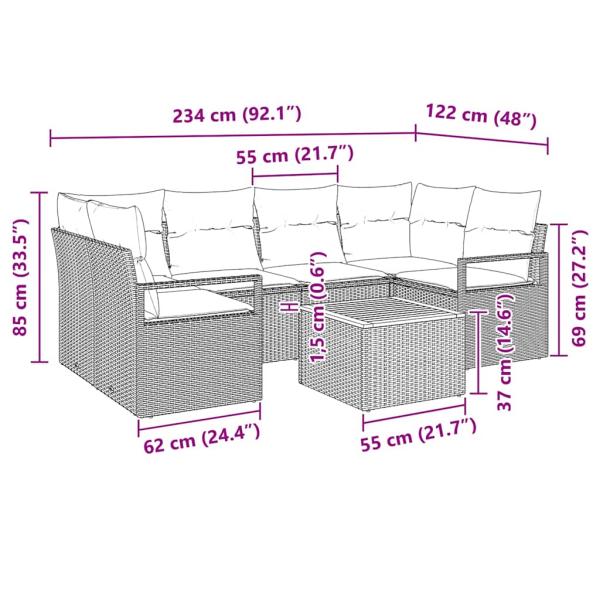 7-teiliges Garten-Sofa-Set mit Kissen Schwarz Poly-Rattan Akazie, 2-Sitzer Garten-Sofa mit Kissen Schwarz Poly-Rattan