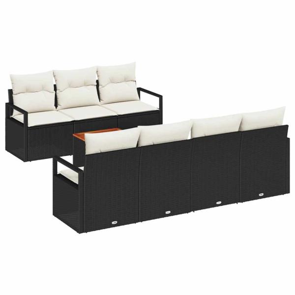 8-teiliges Garten-Sofa-Set mit Kissen in Schwarz aus Poly-Rattan und Akazie, 2-Sitzer Garten-Sofa mit Kissen in Schwarz aus Poly-Rattan