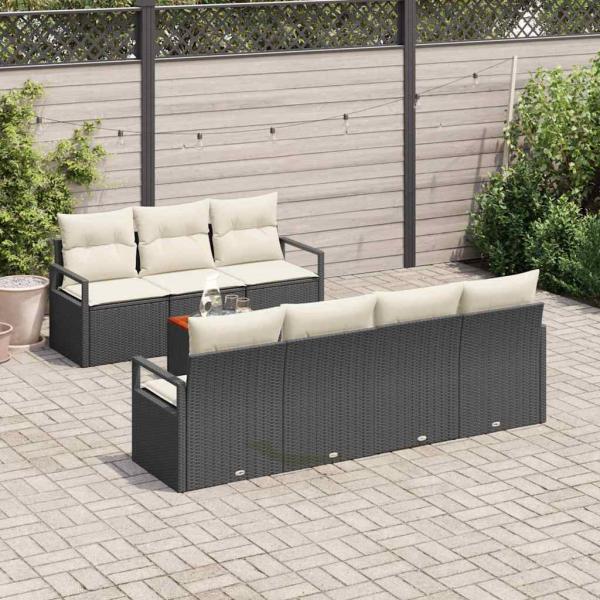 8-teiliges Garten-Sofa-Set mit Kissen in Schwarz aus Poly-Rattan und Akazie, 2-Sitzer Garten-Sofa mit Kissen in Schwarz aus Poly-Rattan
