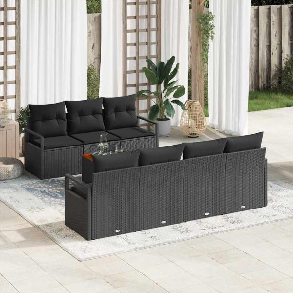 ARDEBO.de - 8-teiliges Garten-Sofa-Set mit Kissen Schwarz Poly Rattan Akazie, 2-Sitzer Garten-Sofa mit Kissen Schwarz Poly Rattan