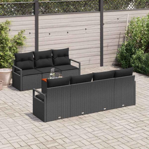 8-teiliges Garten-Sofa-Set mit Kissen Schwarz Poly Rattan Akazie, 2-Sitzer Garten-Sofa mit Kissen Schwarz Poly Rattan