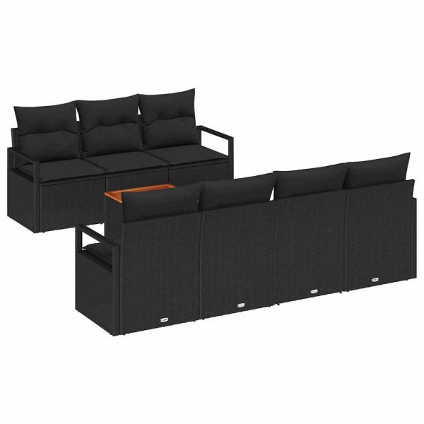 8-teiliges Garten-Sofa-Set mit Kissen Schwarz Poly Rattan Akazie, 2-Sitzer Garten-Sofa mit Kissen Schwarz Poly Rattan