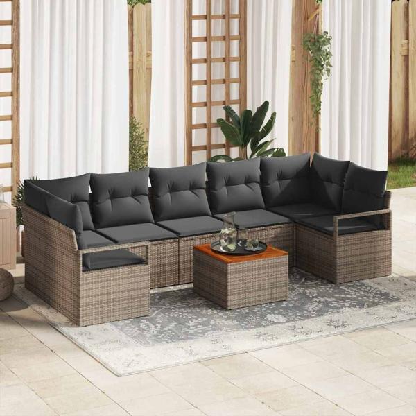 ARDEBO.de - 8-teiliges Garten-Sofaset mit Kissen Grau Poly-Rattan Akazie, 2-Sitzer Garten-Sofa mit Kissen Grau Poly-Rattan