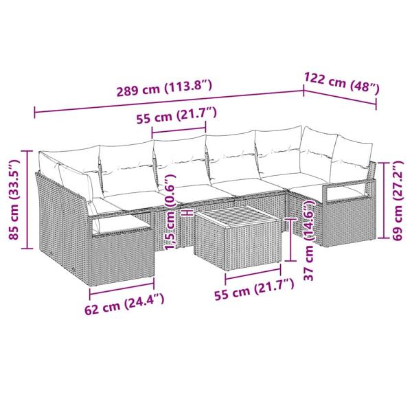 8-teiliges Garten-Sofaset mit Kissen Grau Poly-Rattan Akazie, 2-Sitzer Garten-Sofa mit Kissen Grau Poly-Rattan