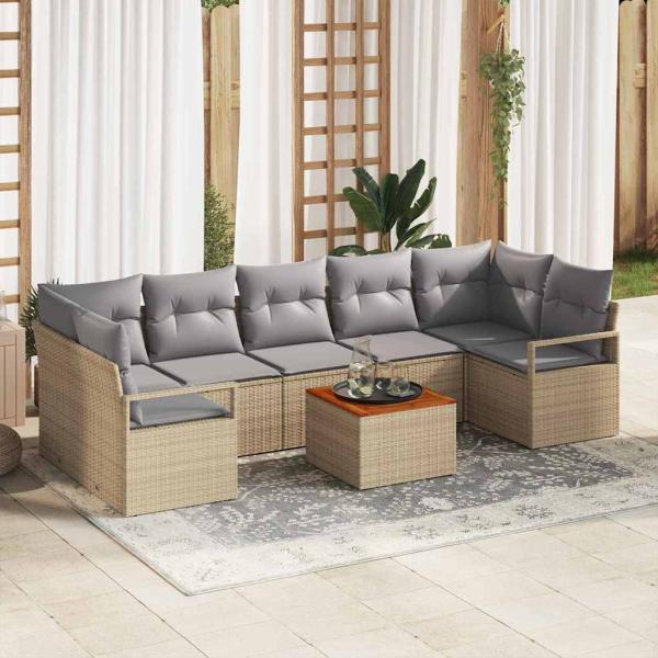 ARDEBO.de - 8-teiliges Garten-Sofa-Set mit Kissen Beige Poly-Rattan Akazie, 2-Sitzer Garten-Sofa mit Kissen Beige Poly-Rattan