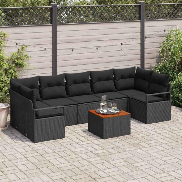ARDEBO.de - 8-teiliges Garten-Sofa-Set mit Kissen Schwarz Poly-Rattan Akazie, 2-Sitzer Garten-Sofa mit Kissen Schwarz Poly-Rattan