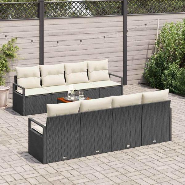 9-teiliges Garten Sofa Set mit Kissen Schwarz Poly Rattan Akazie, 2-Sitzer Garten Sofa mit Kissen Schwarz Poly Rattan