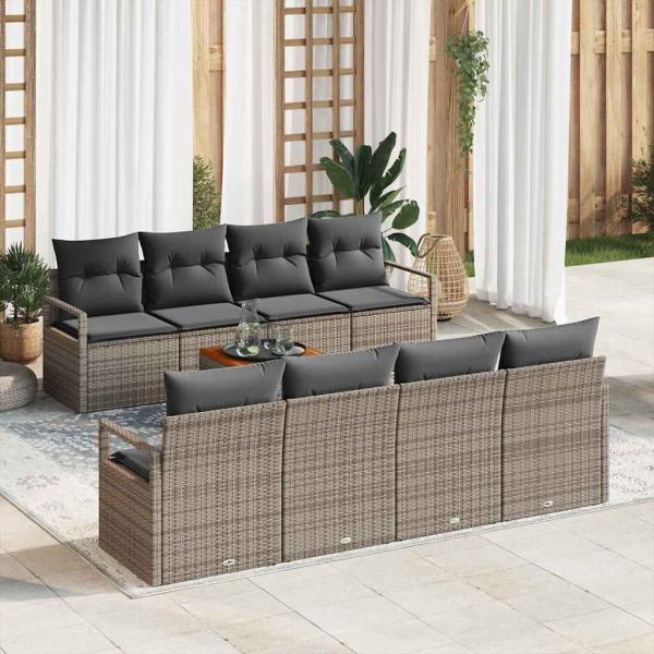 ARDEBO.de - 9-teiliges Garten Sofa Set mit Kissen Grau Poly Rattan Akazie, 2-Sitzer Garten Sofa mit Kissen Grau Poly Rattan