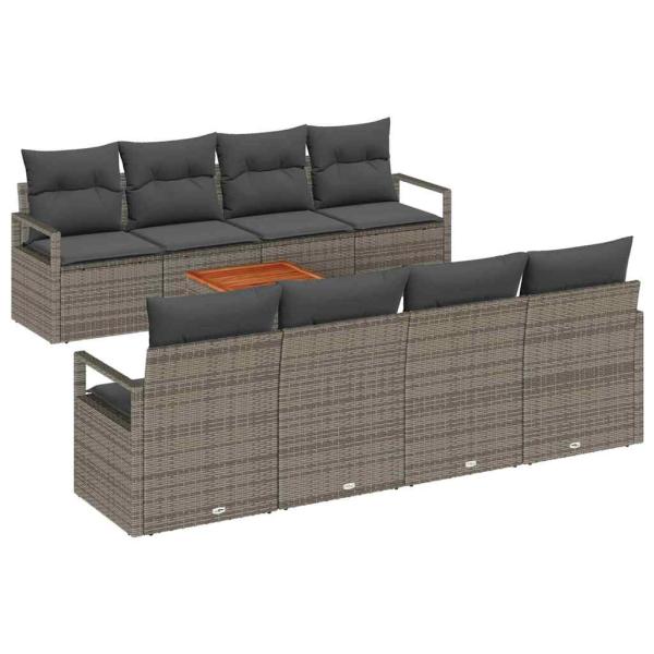 9-teiliges Garten Sofa Set mit Kissen Grau Poly Rattan Akazie, 2-Sitzer Garten Sofa mit Kissen Grau Poly Rattan