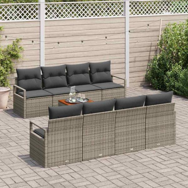 9-teiliges Garten Sofa Set mit Kissen Grau Poly Rattan Akazie, 2-Sitzer Garten Sofa mit Kissen Grau Poly Rattan