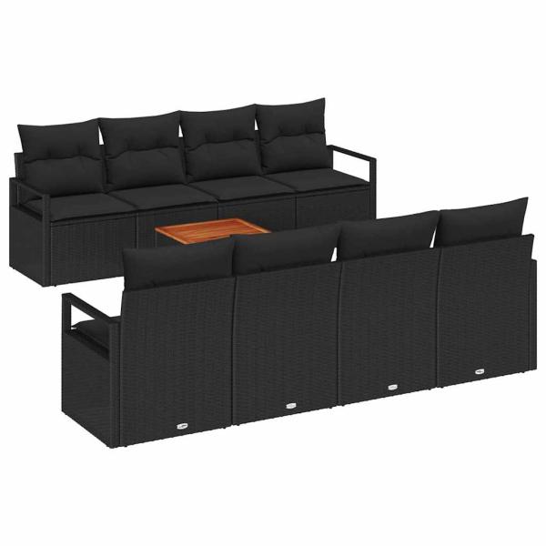 9-teilige Garten Sofa Set mit Kissen Schwarz Poly Rattan Akazie, 2-Sitzer Garten Sofa mit Kissen Schwarz Poly Rattan