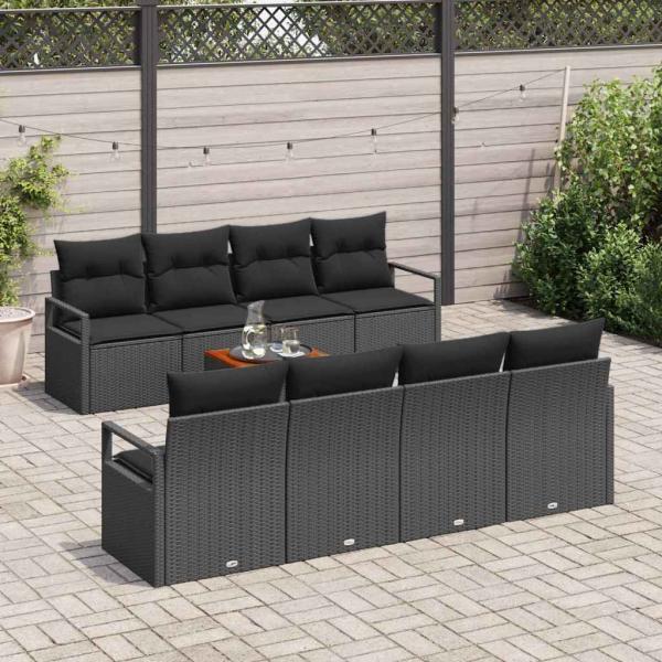 9-teilige Garten Sofa Set mit Kissen Schwarz Poly Rattan Akazie, 2-Sitzer Garten Sofa mit Kissen Schwarz Poly Rattan