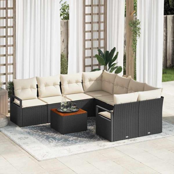 ARDEBO.de - 9-teiliges Garten Sofa Set mit Kissen Schwarz Poly Rattan Akazie, 2-Sitzer Garten Sofa mit Kissen Schwarz Poly Rattan