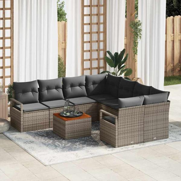 ARDEBO.de - 9-teiliges Garten-Sofa-Set mit Kissen Grau Poly Rattan Akazie, 2-Sitzer Garten-Sofa mit Kissen Grau Poly Rattan
