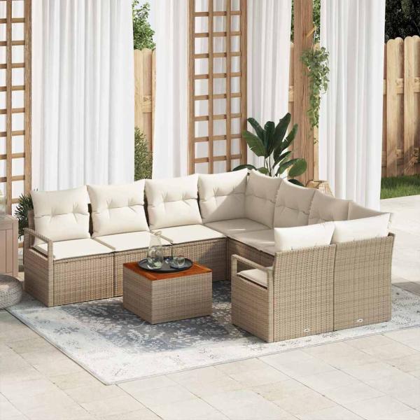 ARDEBO.de - 9-teiliges Garten Sofa Set mit Kissen Beige Poly Rattan Akazie, 2-Sitzer Garten Sofa mit Kissen Beige Poly Rattan