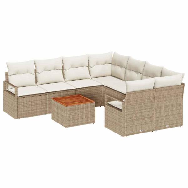 9-teiliges Garten Sofa Set mit Kissen Beige Poly Rattan Akazie, 2-Sitzer Garten Sofa mit Kissen Beige Poly Rattan